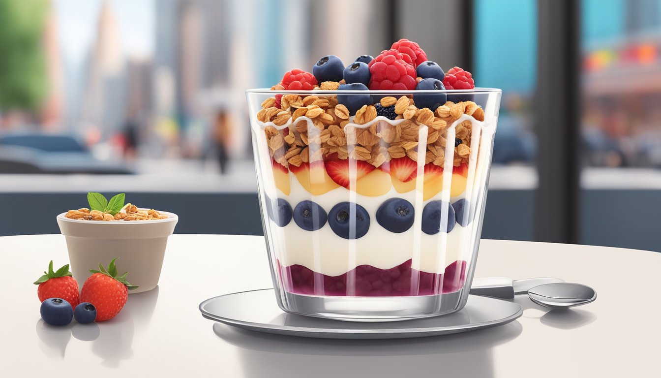 A clear glass parfait dish filled with layers of vanilla yogurt, granola, and fresh berries sits on a white table next to a Starbucks logo