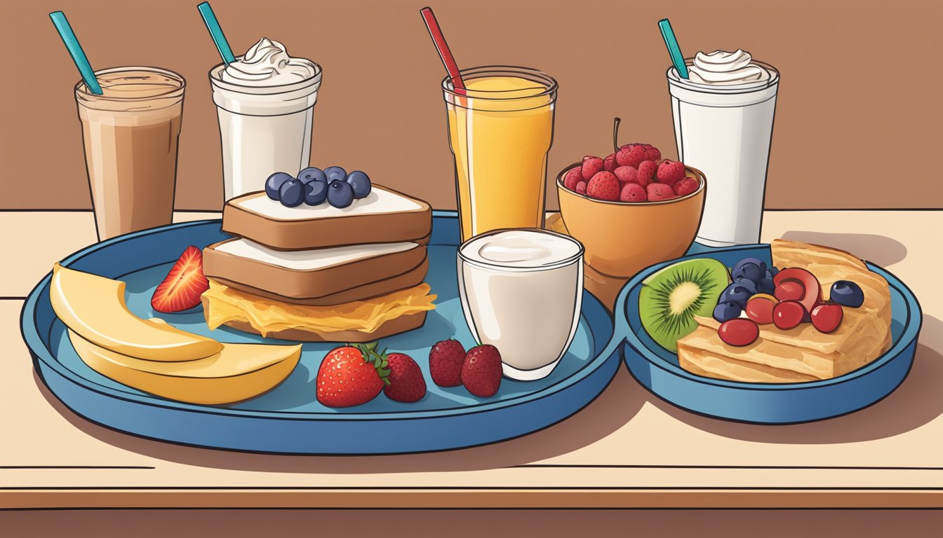 A colorful array of breakfast items arranged on a tray, including a PB&J protein box, fruit, yogurt, and other kid-friendly options, all set against the backdrop of a Starbucks cafe