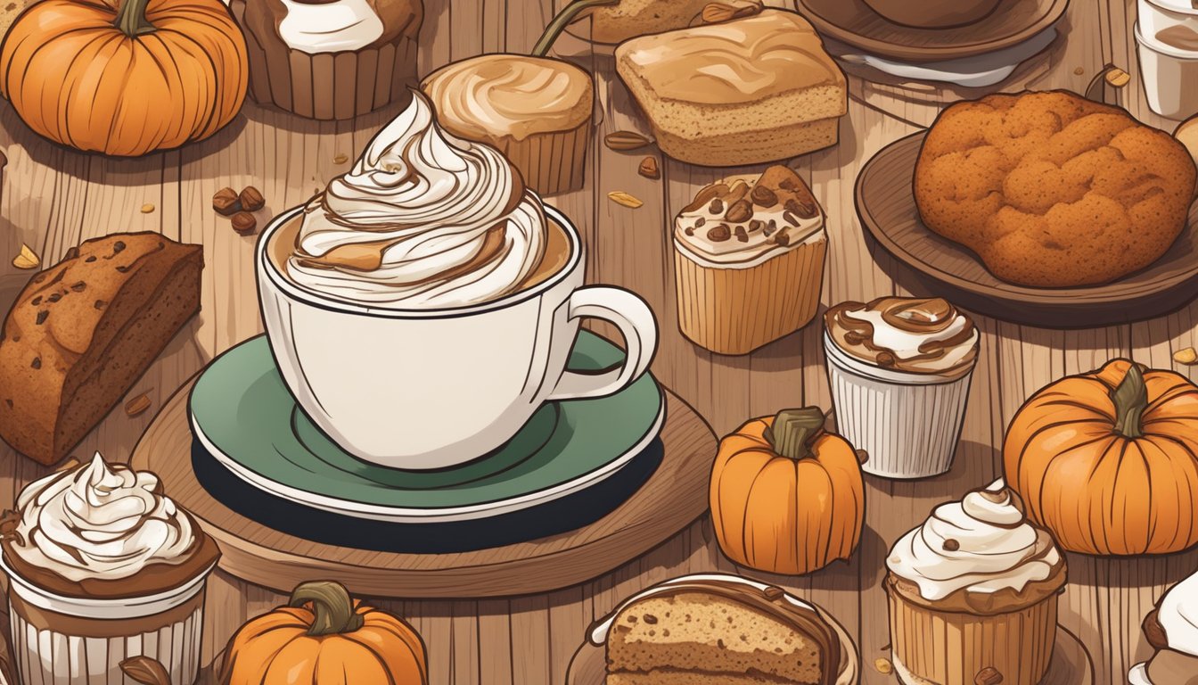 A warm Pumpkin Spice Latte Muffin surrounded by other seasonal Starbucks breakfast items on a wooden table