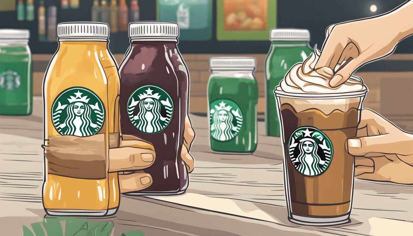 A hand reaching for various bottles of syrup next to a Frappuccino, with a price tag and the Starbucks logo in the background