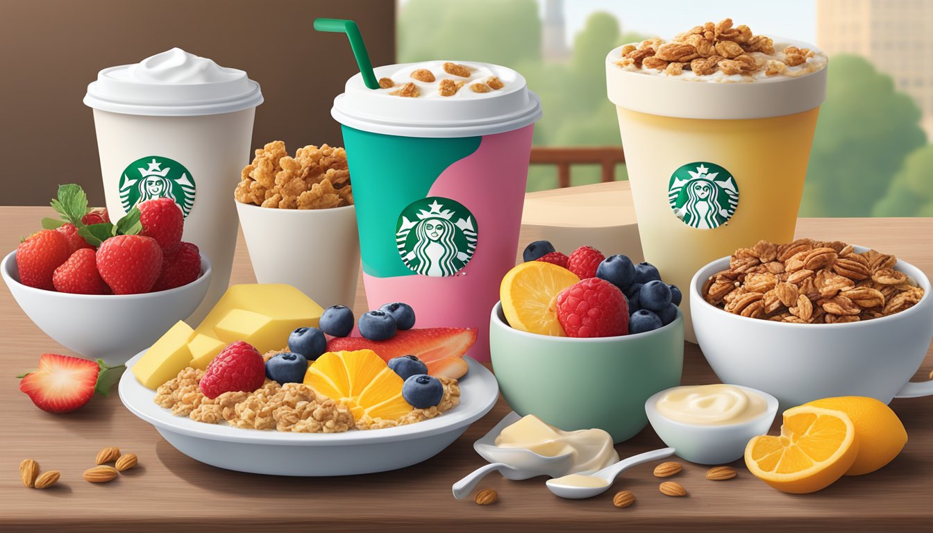 A colorful array of breakfast items, including fruit, yogurt, and granola, displayed on a table with the Starbucks logo in the background