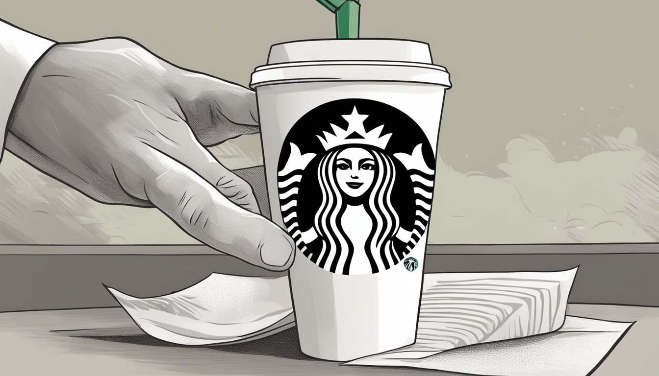 A hand reaching for a Starbucks cup with a request for "Light Ice" written on a slip of paper