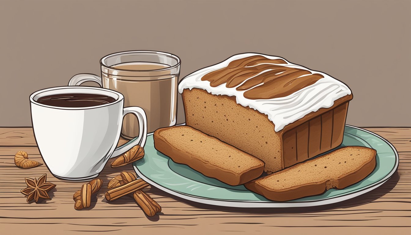 A festive gingerbread loaf sits on a rustic wooden table, surrounded by seasonal Starbucks breakfast items like pastries and coffee cups