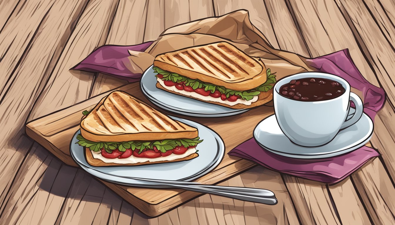 A festive holiday panini with turkey, stuffing, and cranberry sauce, served on a rustic wooden board alongside a steaming cup of coffee