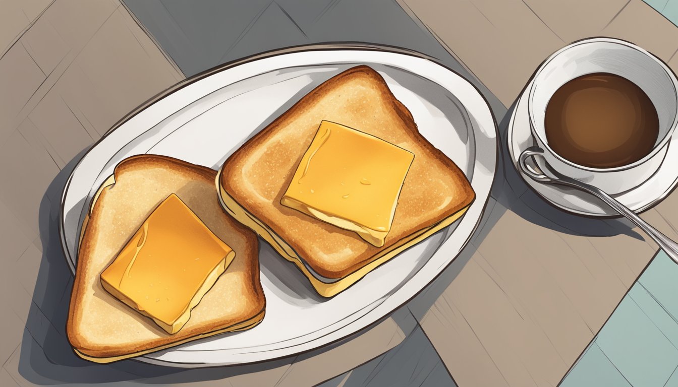 A simple grilled cheese sandwich on a plate, with no additional toppings, sitting next to a cup of coffee