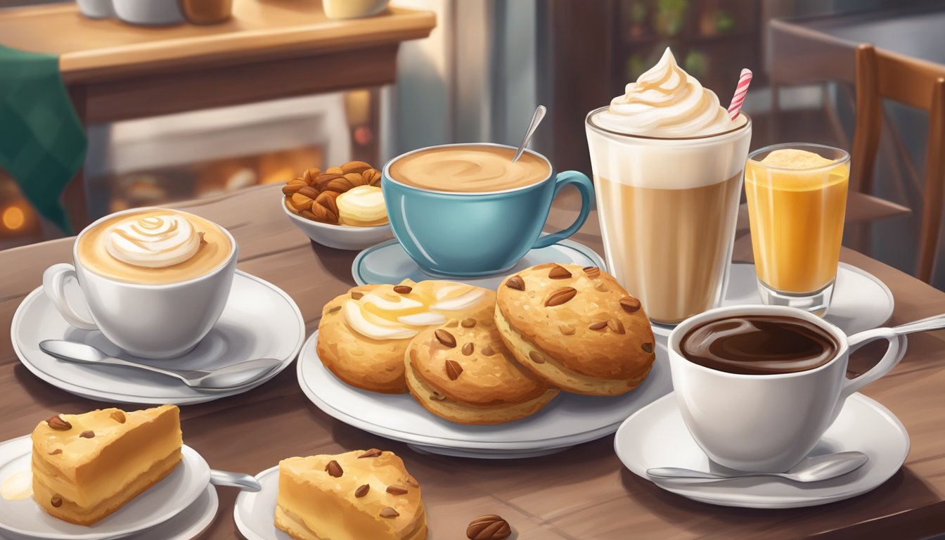 A cozy coffee shop table with a steaming eggnog latte and a freshly baked scone surrounded by other seasonal breakfast items