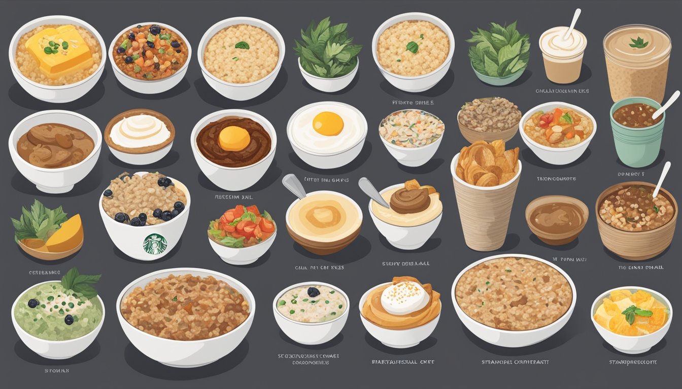 A steaming bowl of rolled and steel-cut oatmeal surrounded by 10 different vegetarian breakfast options at Starbucks