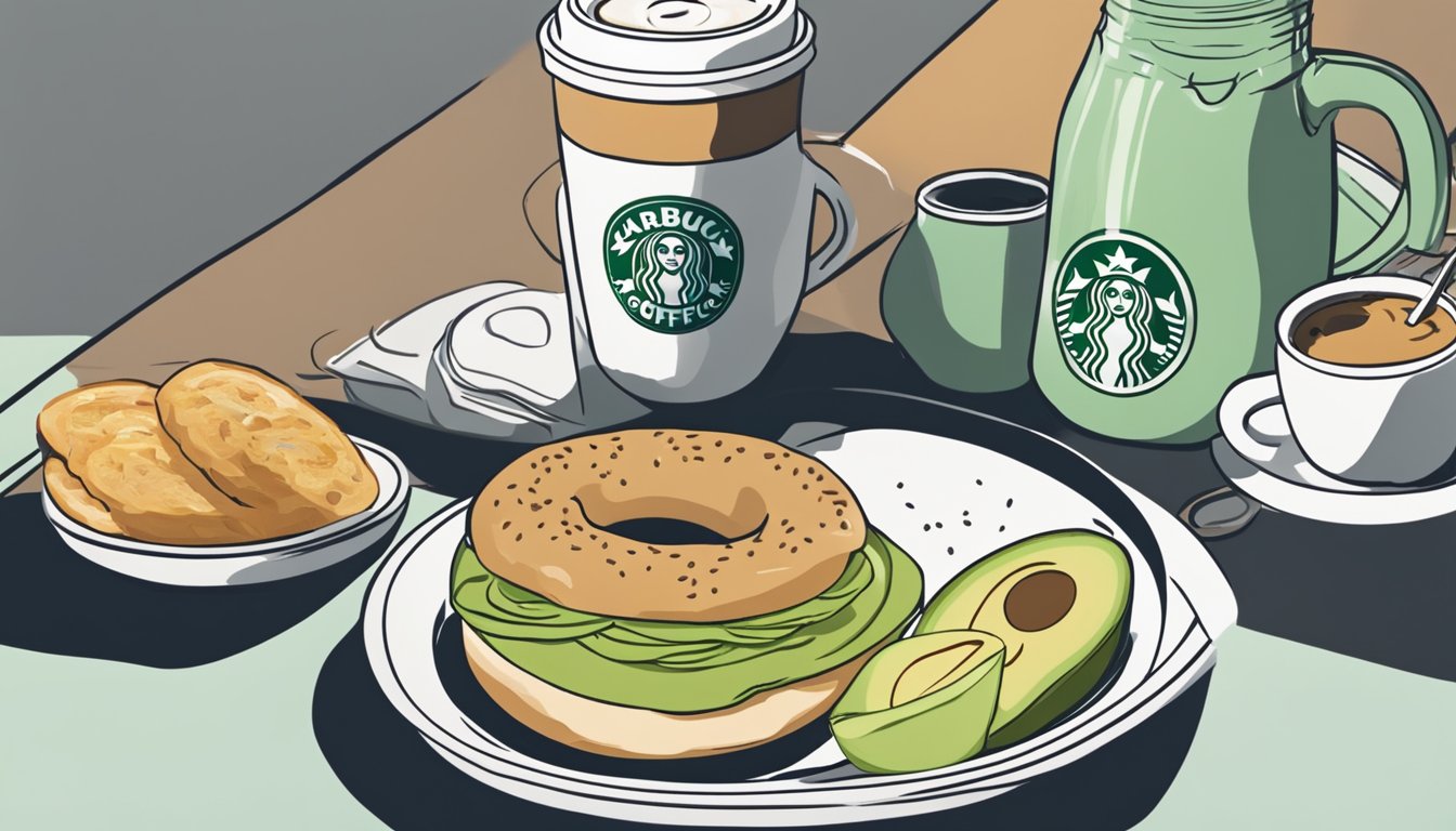 A plain bagel with avocado spread sits on a plate surrounded by coffee and other breakfast items at a Starbucks cafe