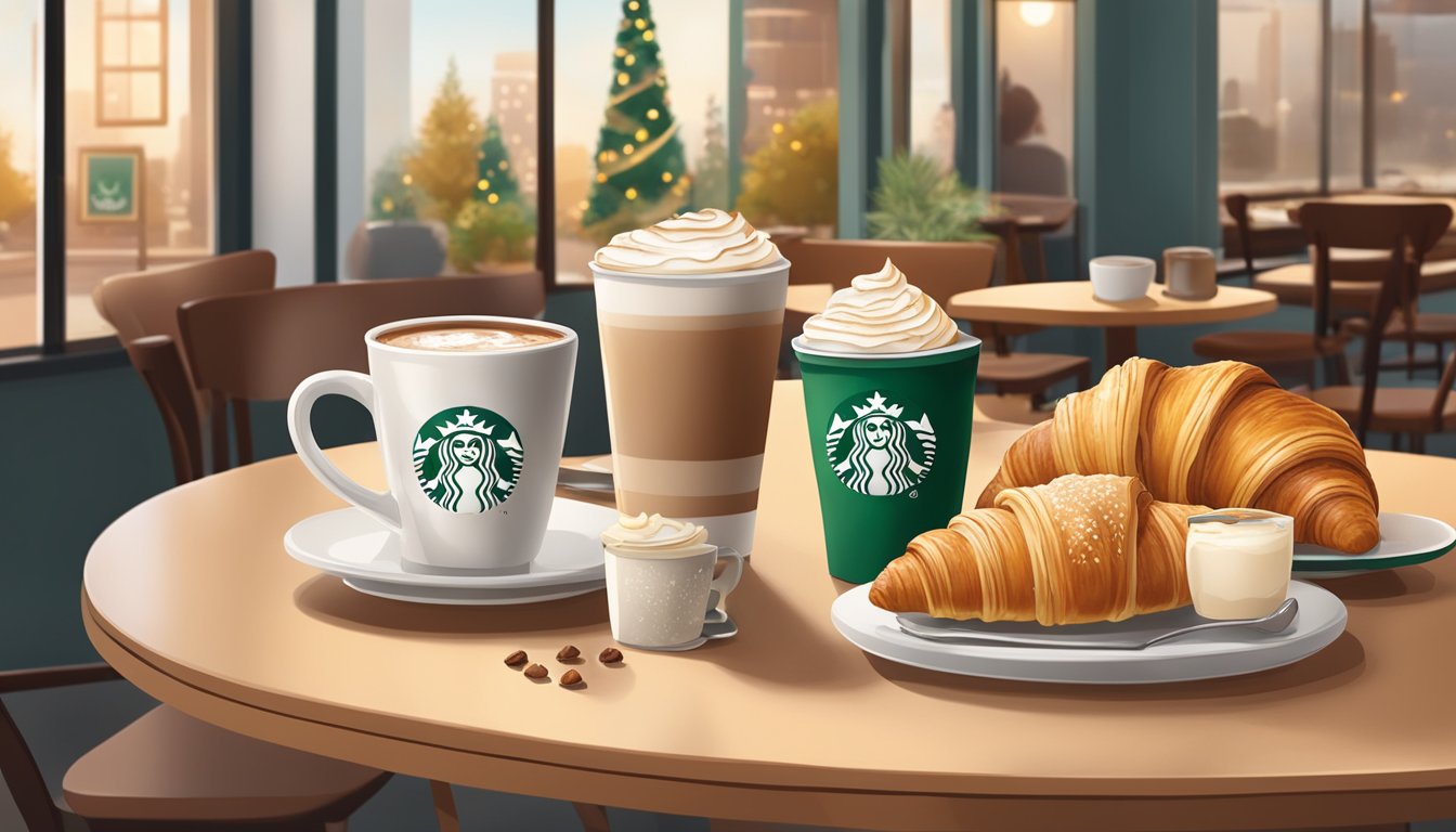 A cozy cafe table with a Chestnut Praline Latte and a flaky croissant surrounded by seasonal Starbucks breakfast items