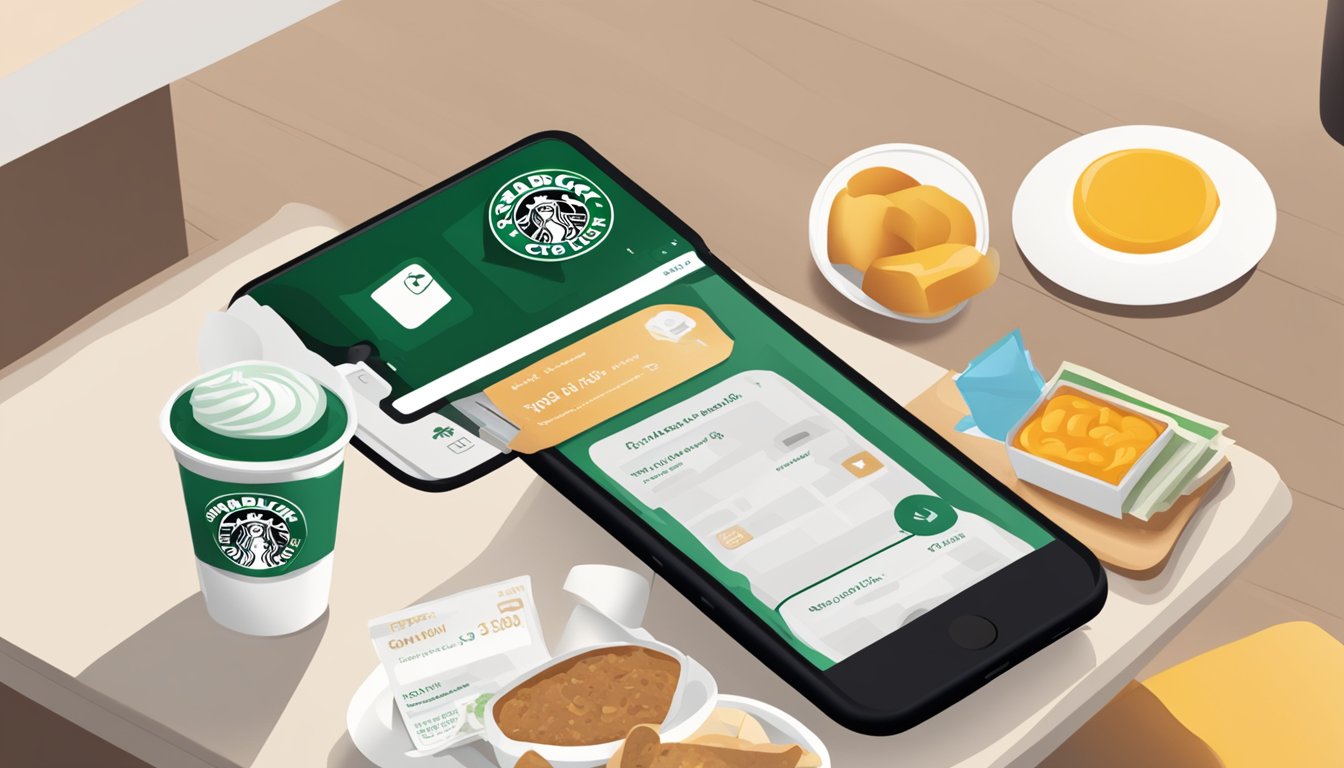 A smartphone with the Starbucks app open, displaying digital coupons. A table with various breakfast items and a wallet nearby