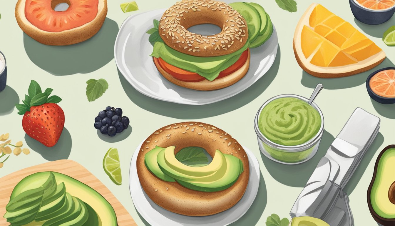 A sprouted grain bagel with avocado spread sits on a plate, surrounded by fresh fruits and other vegetarian breakfast options at Starbucks