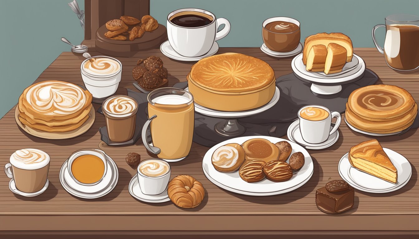 A cozy coffee shop counter displays a Caramel Brûlée Latte and a flaky Danish surrounded by 12 seasonal breakfast items