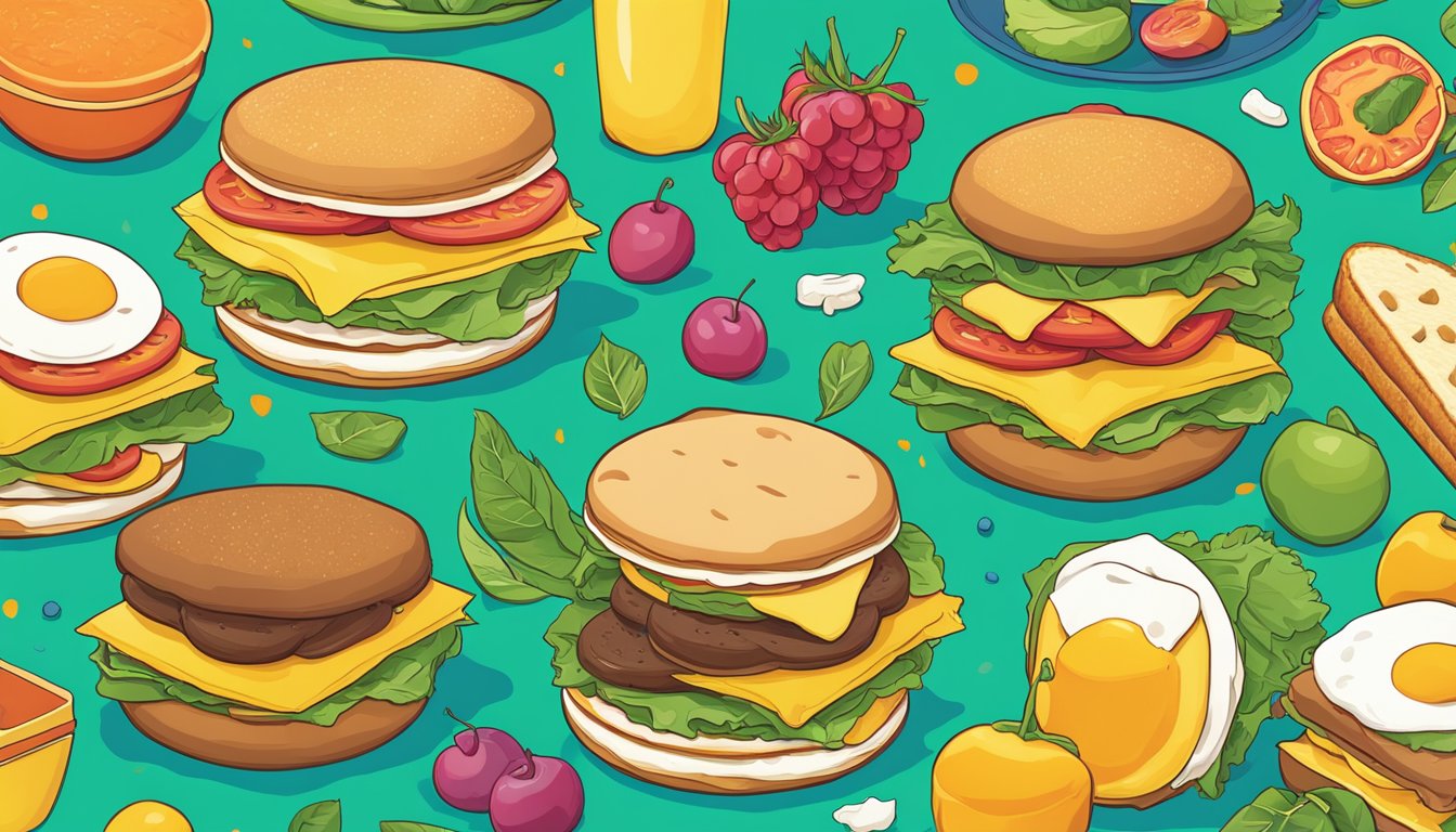 A colorful array of vegetarian breakfast options displayed on a vibrant background, with the Impossible™ Breakfast Sandwich as the focal point