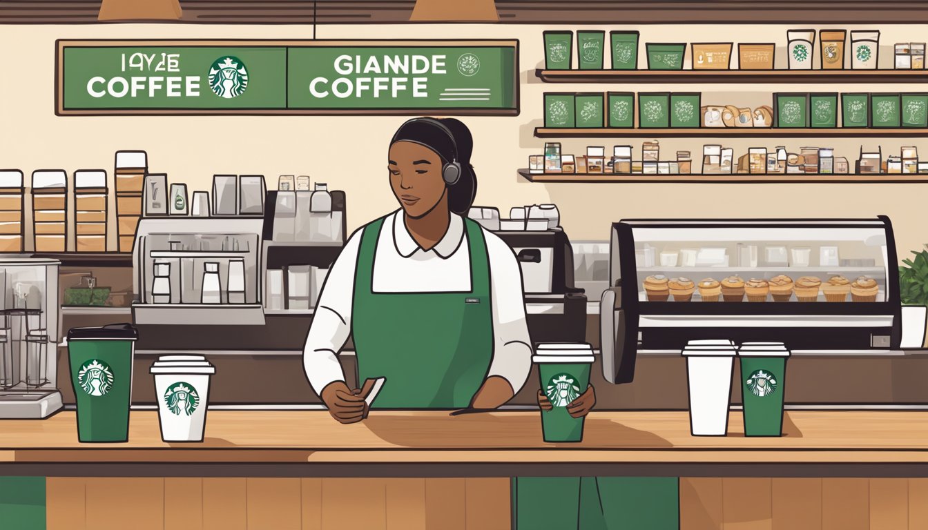 A customer at a Starbucks counter, holding a Grande cup while ordering a Venti coffee