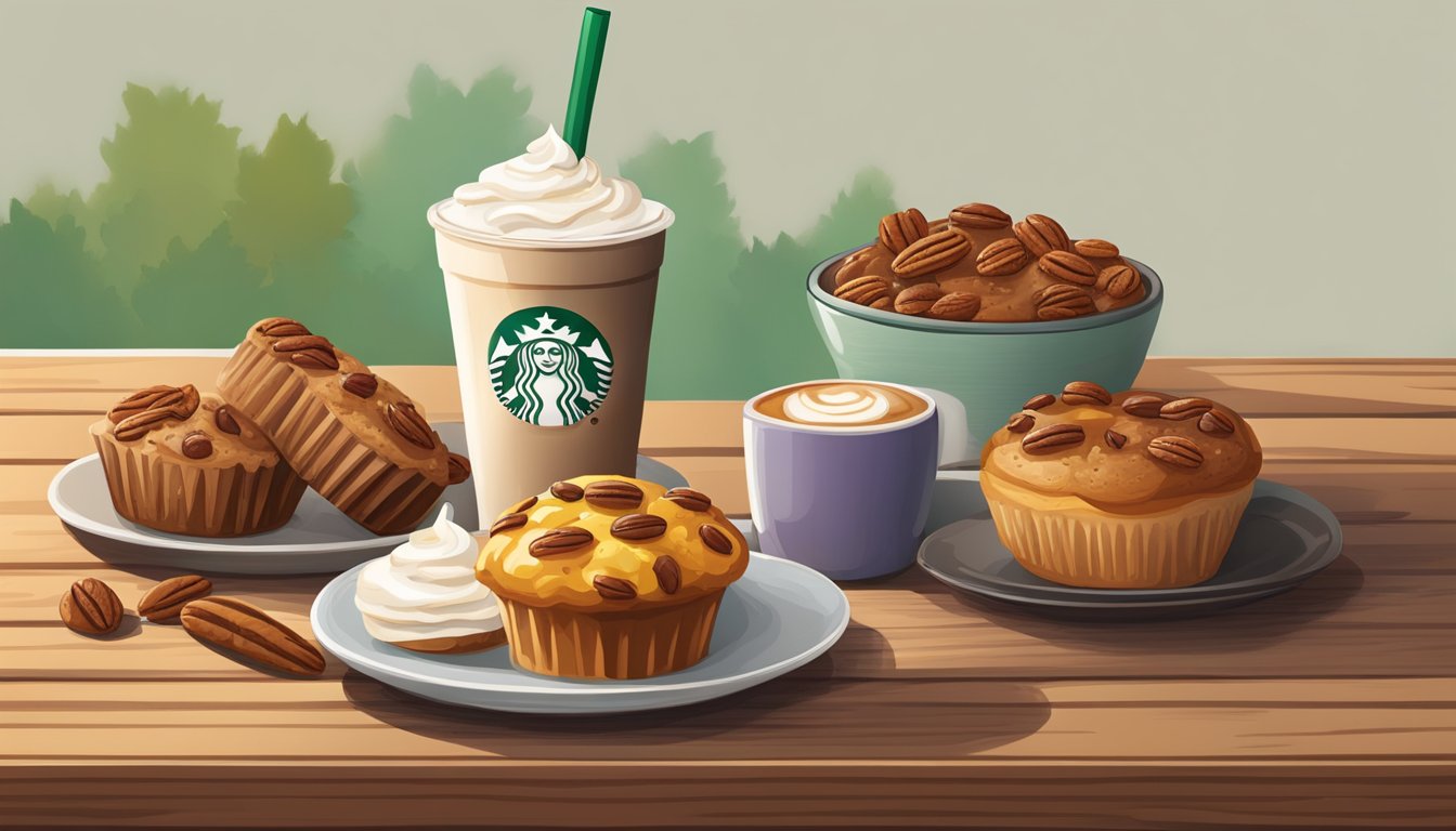 A colorful display of seasonal Starbucks breakfast items, including a tempting maple pecan muffin, arranged on a rustic wooden table