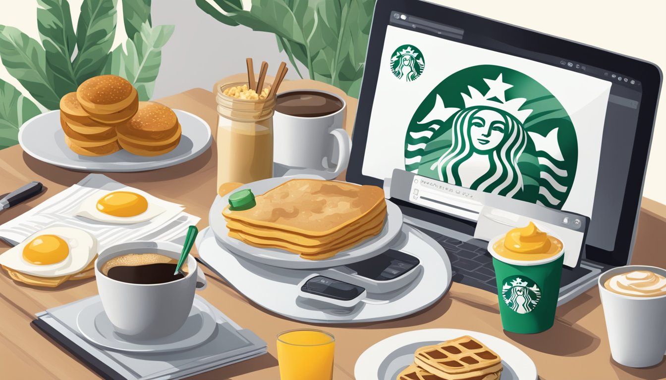 A table with various breakfast items and a Starbucks Rewards card displayed next to a laptop showing "15 Starbucks Breakfast Hacks to Save Money."