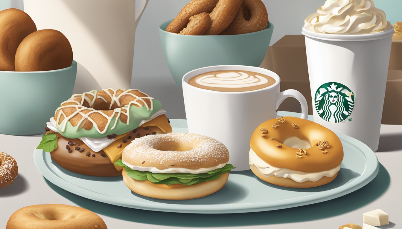 A steaming white chocolate mocha bagel sits on a plate, surrounded by seasonal breakfast items from Starbucks