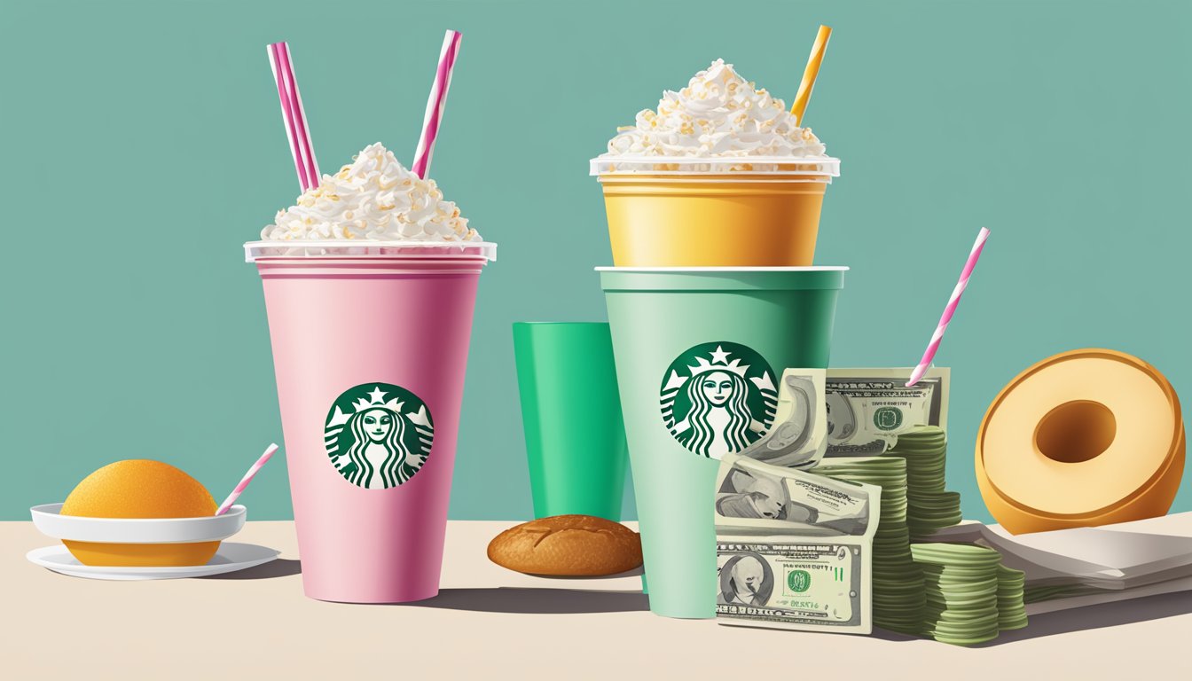 Two halves of a Venti cup with straws, surrounded by breakfast items and a money-saving list