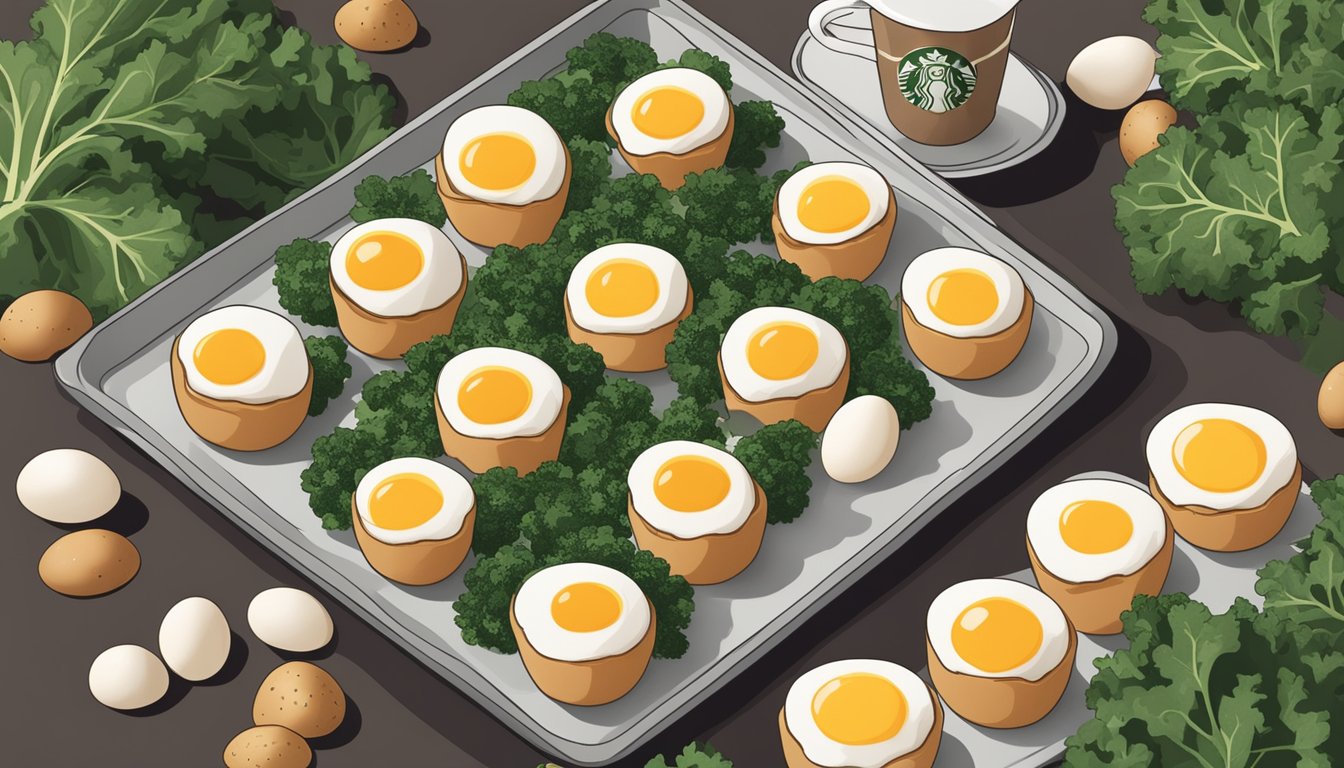 A tray of egg bites surrounded by kale and mushrooms, with a Starbucks logo in the background