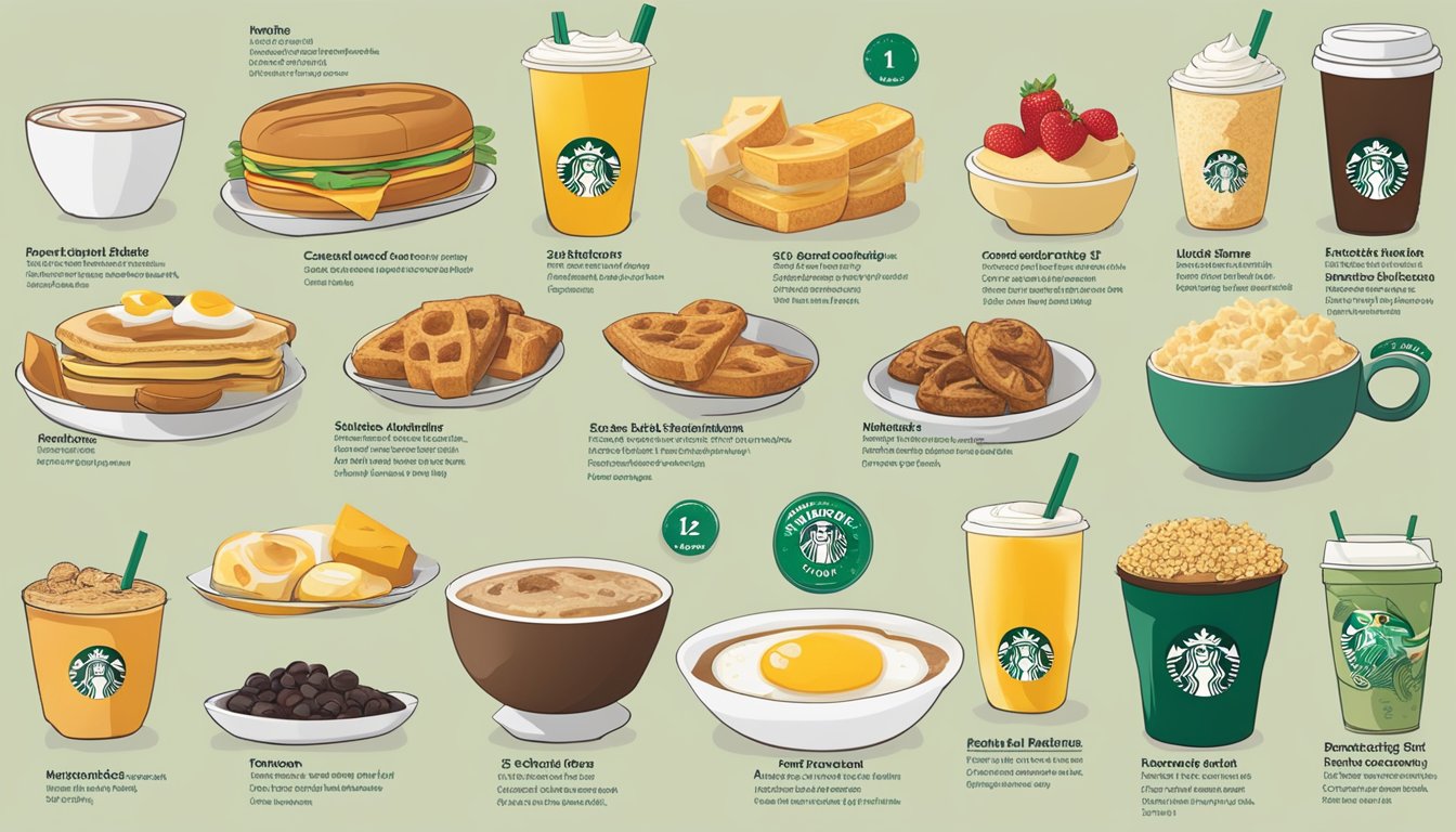 A table with 12 different breakfast items from Starbucks, each labeled with their respective nutritional information