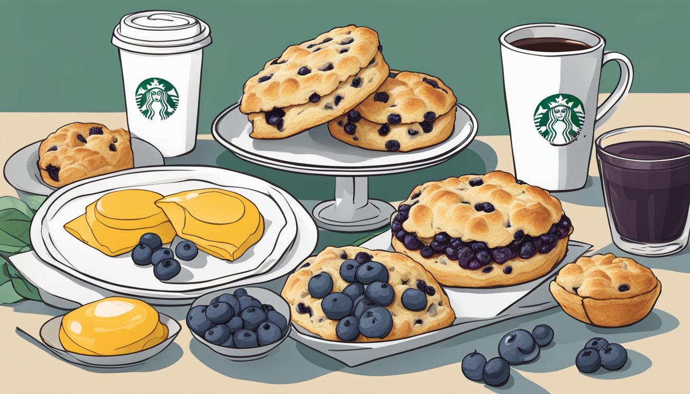 A table set with a blueberry scone and nine other vegetarian breakfast options at Starbucks