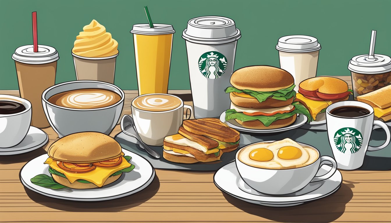 A table filled with a variety of breakfast sandwiches and coffee cups, with the Starbucks logo prominently displayed