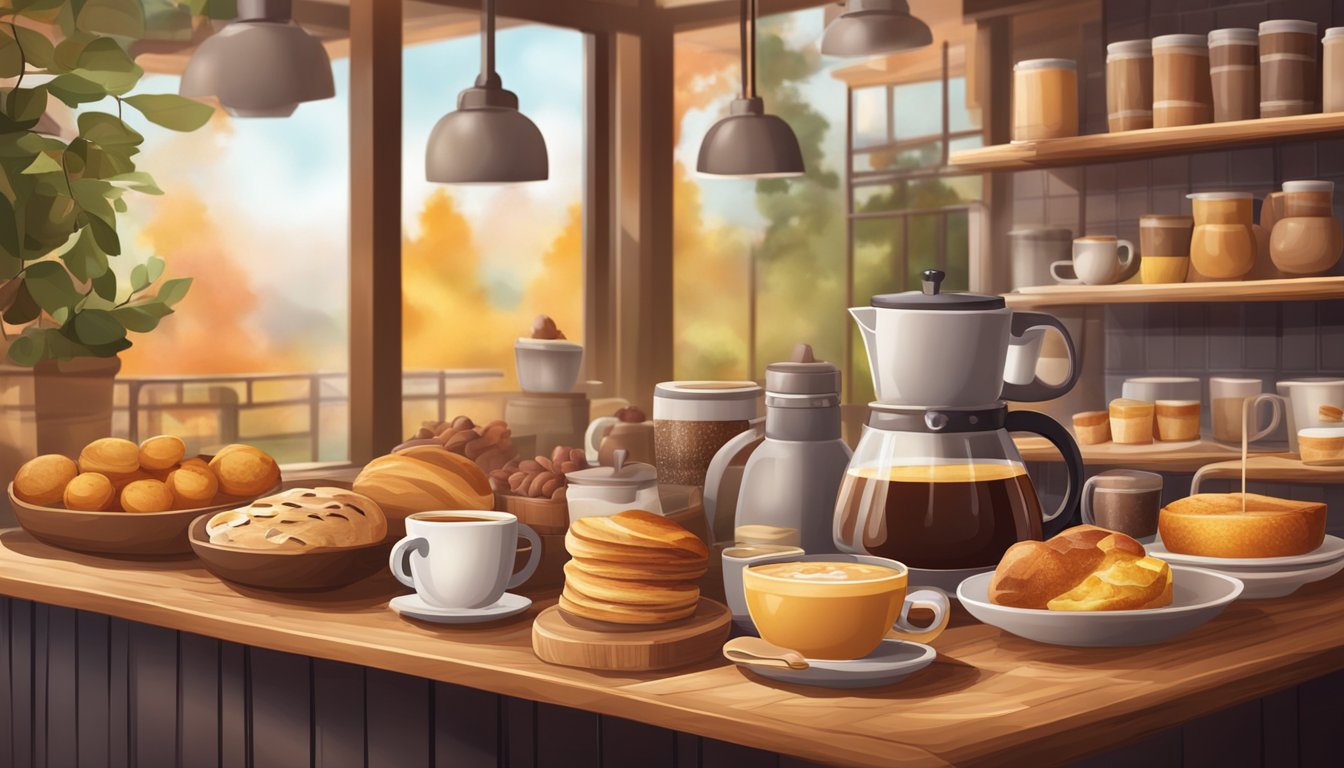 A cozy cafe with a variety of seasonal breakfast items displayed on a wooden counter, surrounded by warm colors and steaming cups of coffee