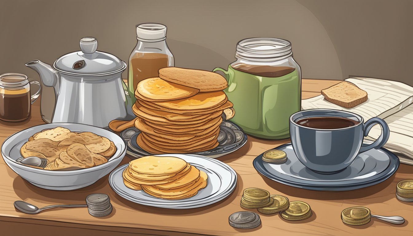 A cozy kitchen table set with a variety of homemade breakfast items, alongside a steaming cup of coffee, with a wallet and coins scattered nearby