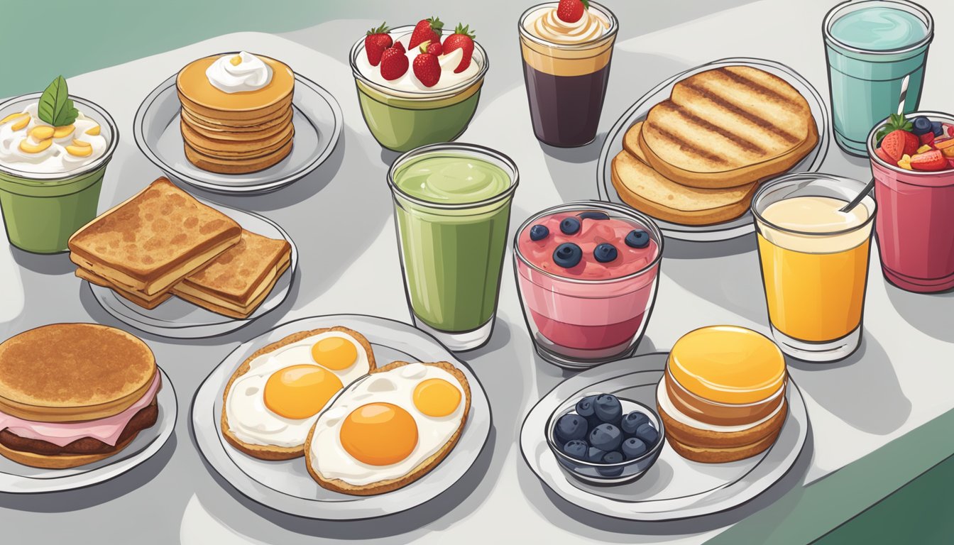 A table set with a variety of vegetarian breakfast options, including oatmeal, fruit cups, yogurt parfaits, and breakfast sandwiches, displayed at a Starbucks cafe