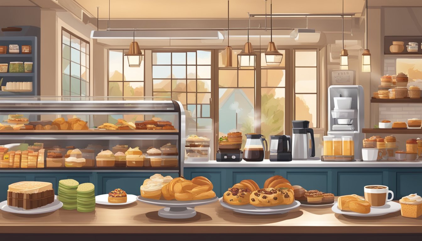 A cozy coffee shop with a variety of seasonal breakfast items displayed on a counter, including pastries, sandwiches, and hot drinks