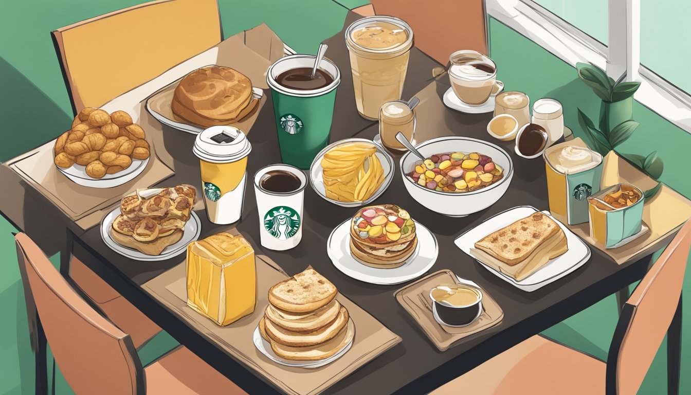 A table with various Starbucks breakfast items arranged creatively to showcase different cost-saving hacks