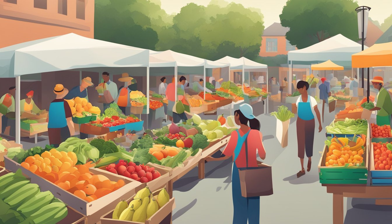 A bustling farmers' market with a variety of colorful, fresh fruits and vegetables being carefully selected and packed into crates