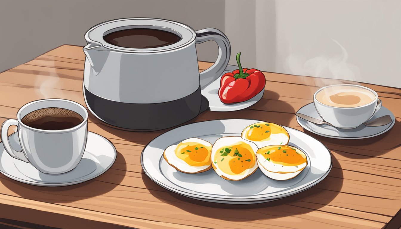 A plate of Egg White & Roasted Red Pepper Sous Vide Egg Bites sits next to a steaming cup of coffee on a wooden table