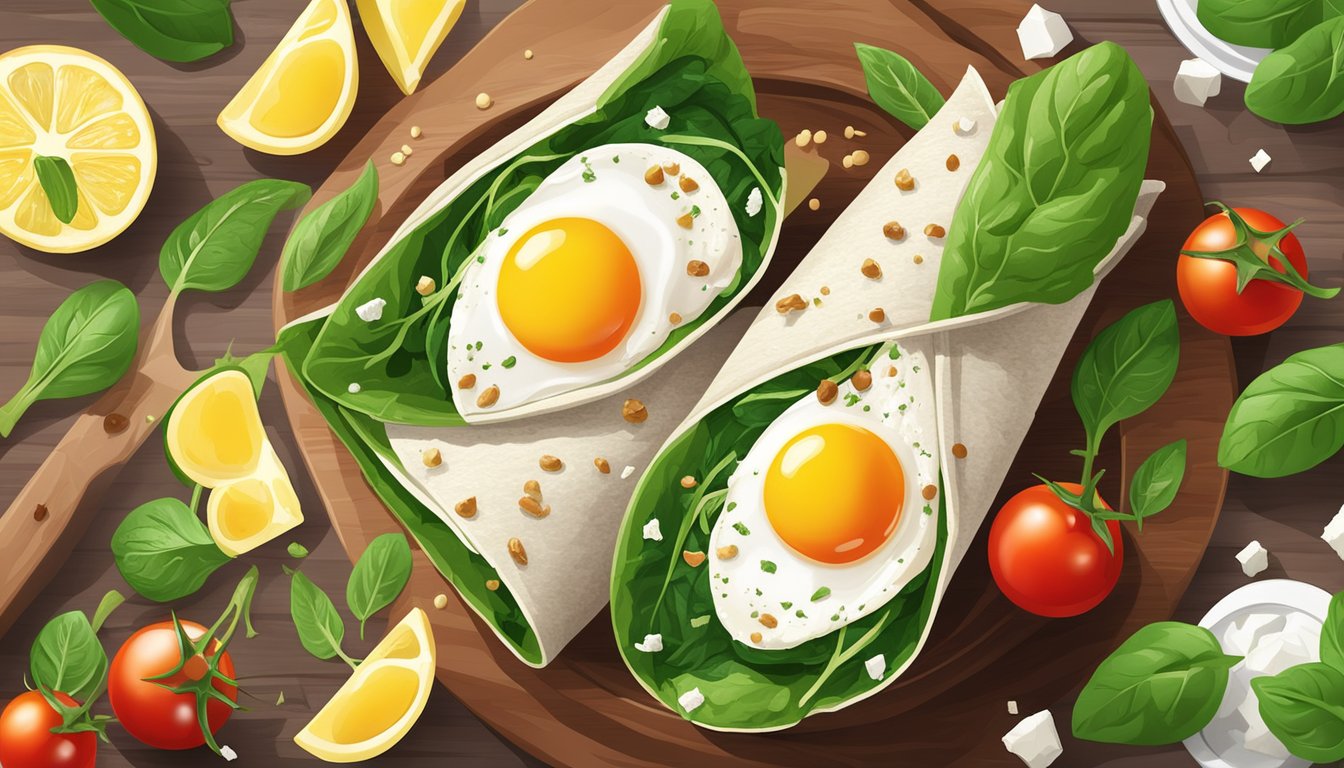 A colorful spinach wrap filled with feta cheese and egg whites, surrounded by fresh ingredients like spinach leaves and cherry tomatoes