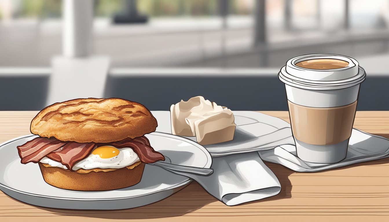 A breakfast muffin with turkey bacon and egg whites sitting on a table next to a to-go cup of coffee