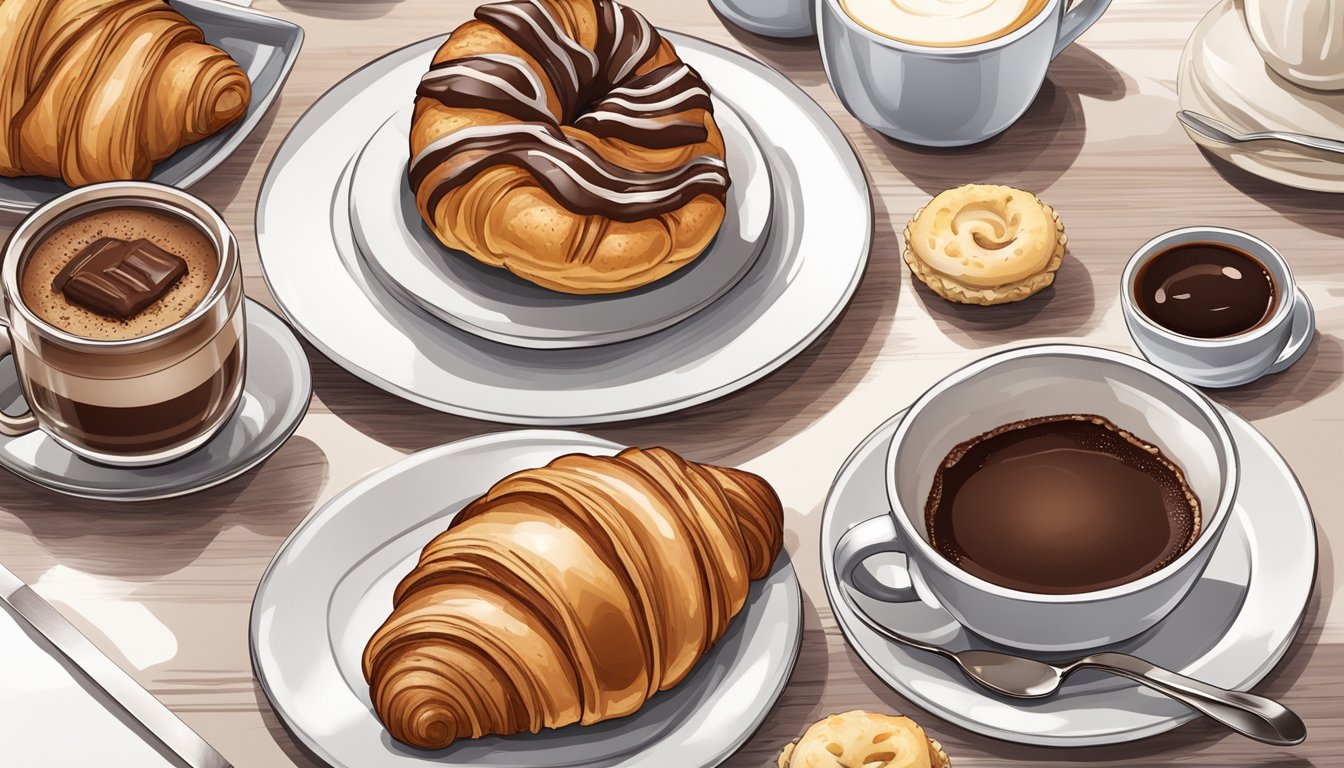 A chocolate croissant sits on a white plate next to a steaming cup of coffee, surrounded by a selection of other sweet breakfast pastries and desserts