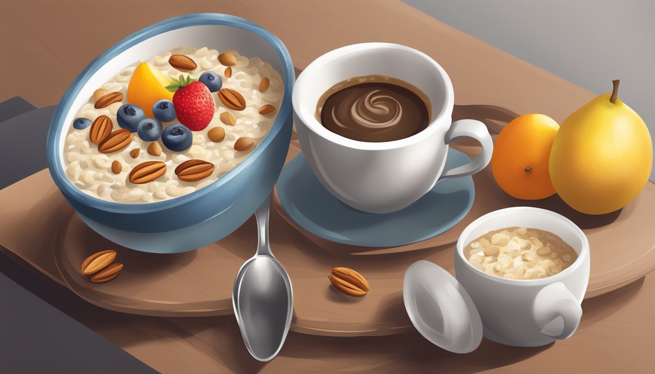 A bowl of oatmeal topped with fresh fruit and nuts, accompanied by a steaming cup of coffee on a table