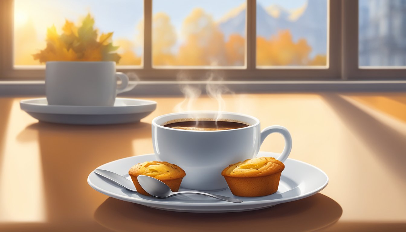 A pumpkin cream cheese muffin sits on a white plate next to a steaming cup of coffee, with a soft morning light streaming in from a nearby window