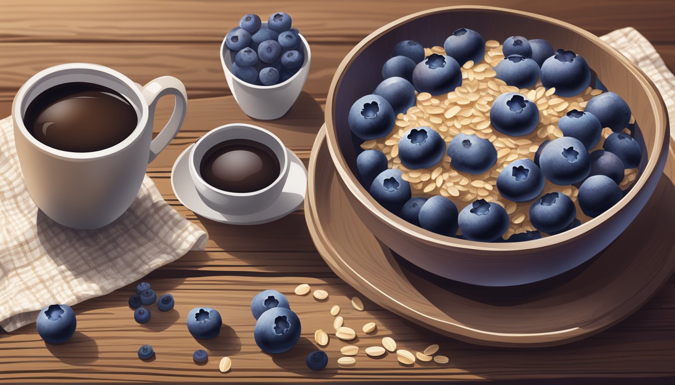 A steaming bowl of blueberry oatmeal sits on a rustic wooden table, surrounded by a scattering of fresh blueberries and a cup of coffee