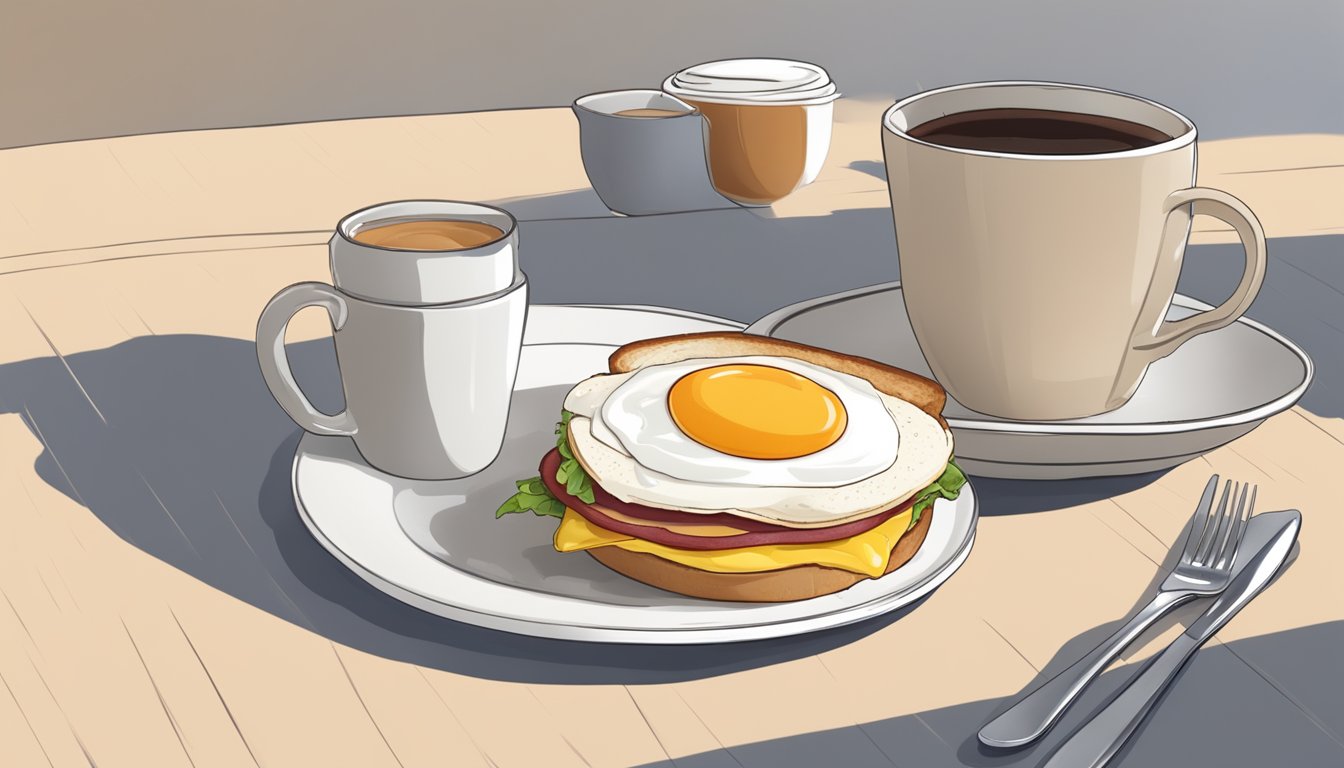 A breakfast sandwich with turkey bacon and egg whites on a plate with a cup of coffee