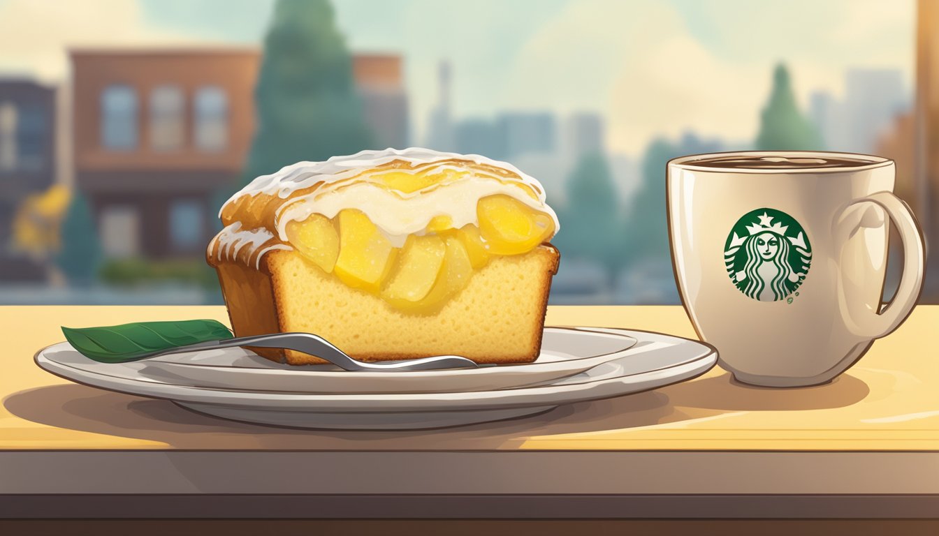 A slice of iced lemon loaf sits on a white plate next to a steaming cup of coffee, with a backdrop of a cozy Starbucks cafe