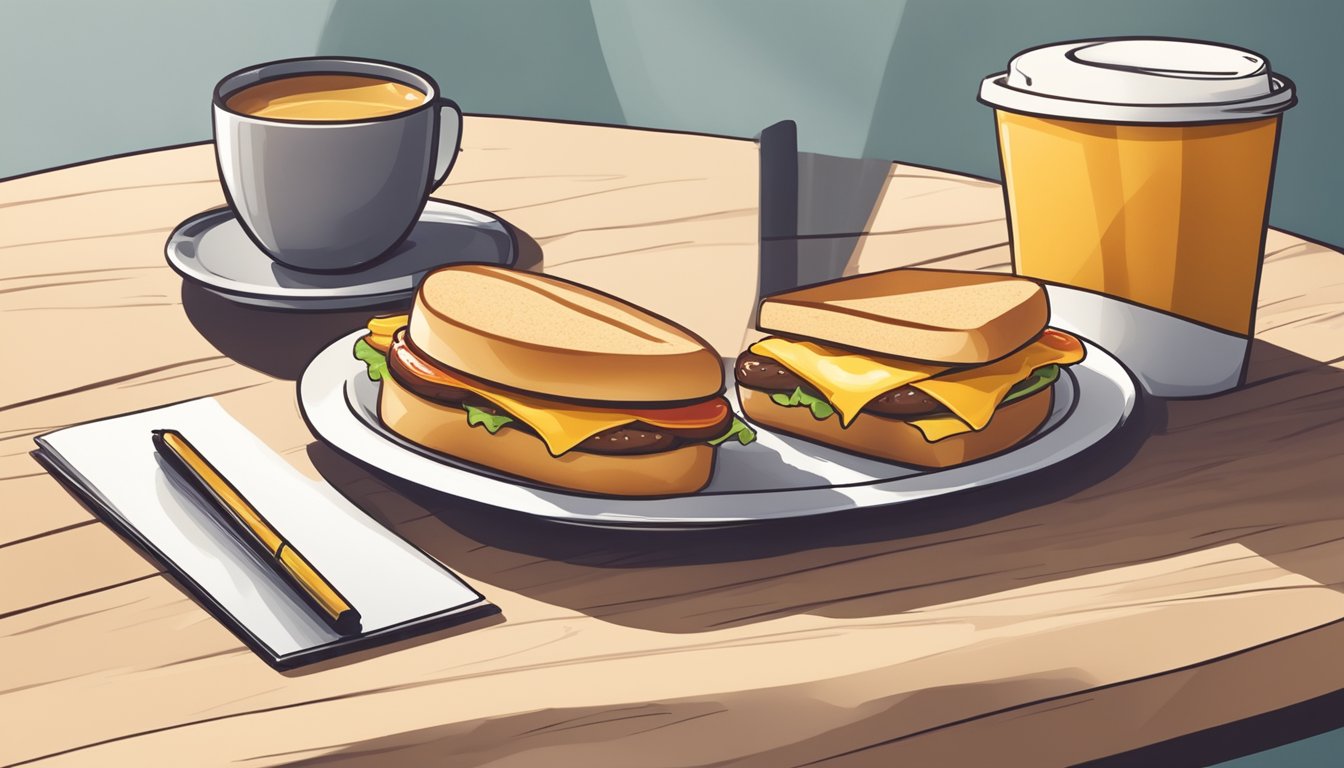 A breakfast sandwich with sausage and cheddar cheese sits next to a to-go cup of coffee on a table