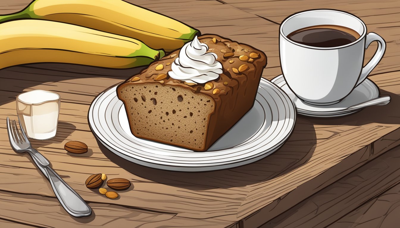 A slice of banana nut bread with a dollop of whipped cream next to a steaming cup of coffee on a wooden table