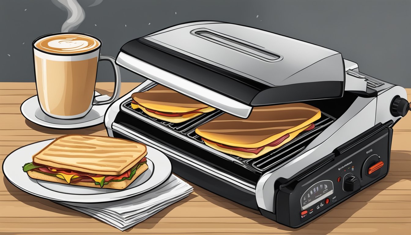 A sizzling panini press with a golden-brown ham and swiss panini inside, surrounded by a steaming cup of coffee and a newspaper