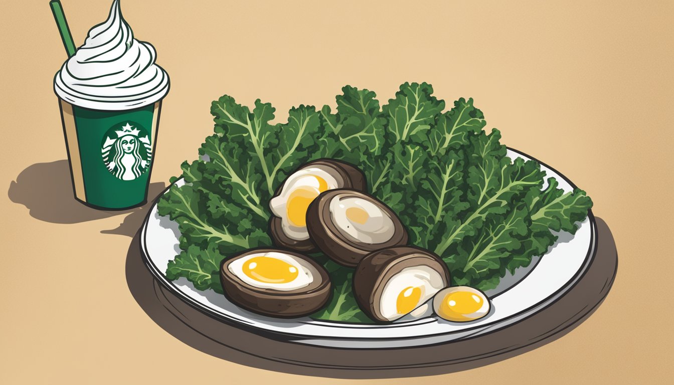 A plate of kale and portabella mushroom sous vide egg bites next to a Starbucks logo