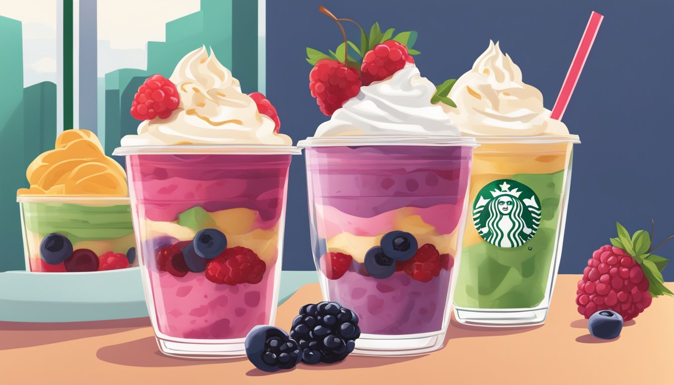 A colorful trio of berry parfaits arranged on a table next to a to-go cup of Starbucks coffee, ready for a long commute