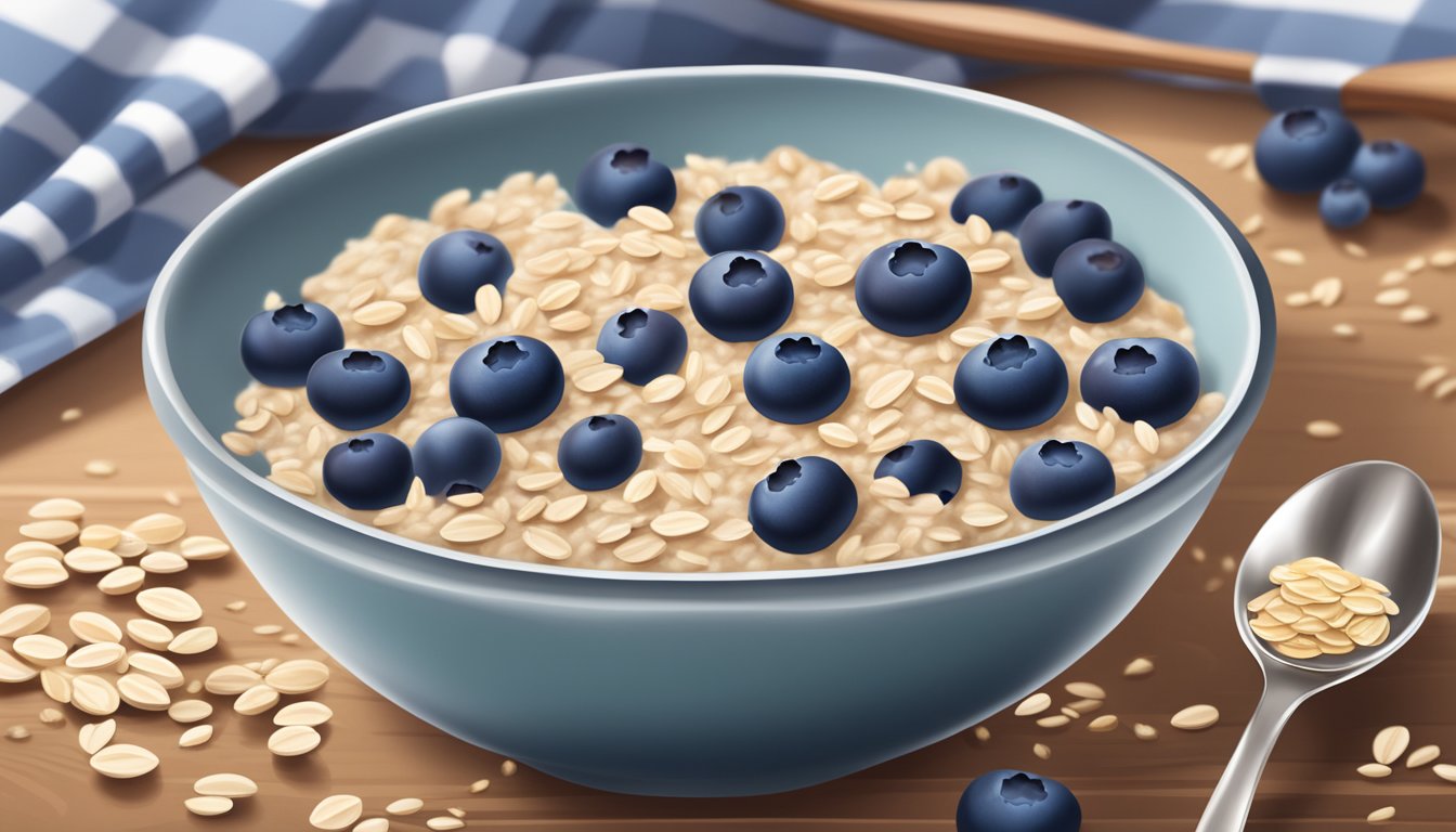 A bowl of blueberry oatmeal with a spoon, surrounded by fresh blueberries and oats on a wooden table