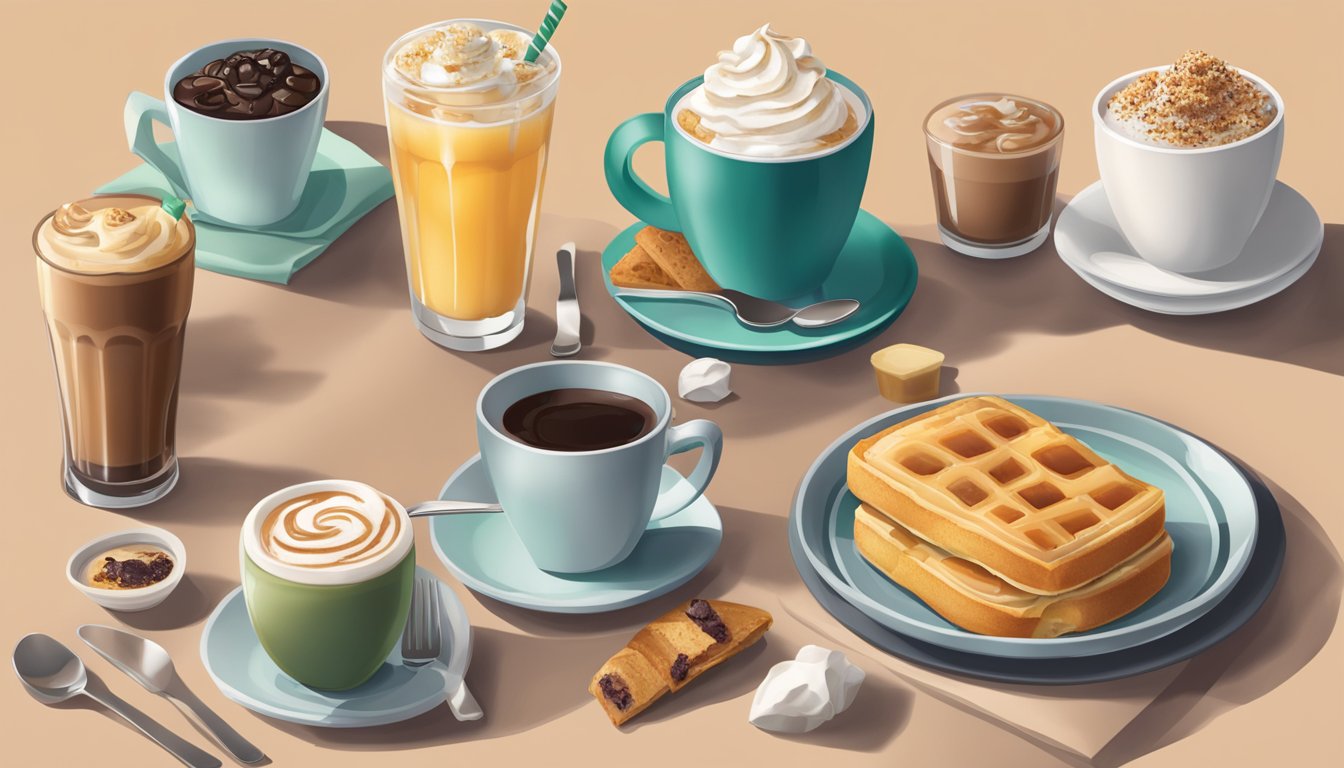 A table set with Starbucks breakfast items next to a variety of beverages, showcasing the decadent dessert-like options