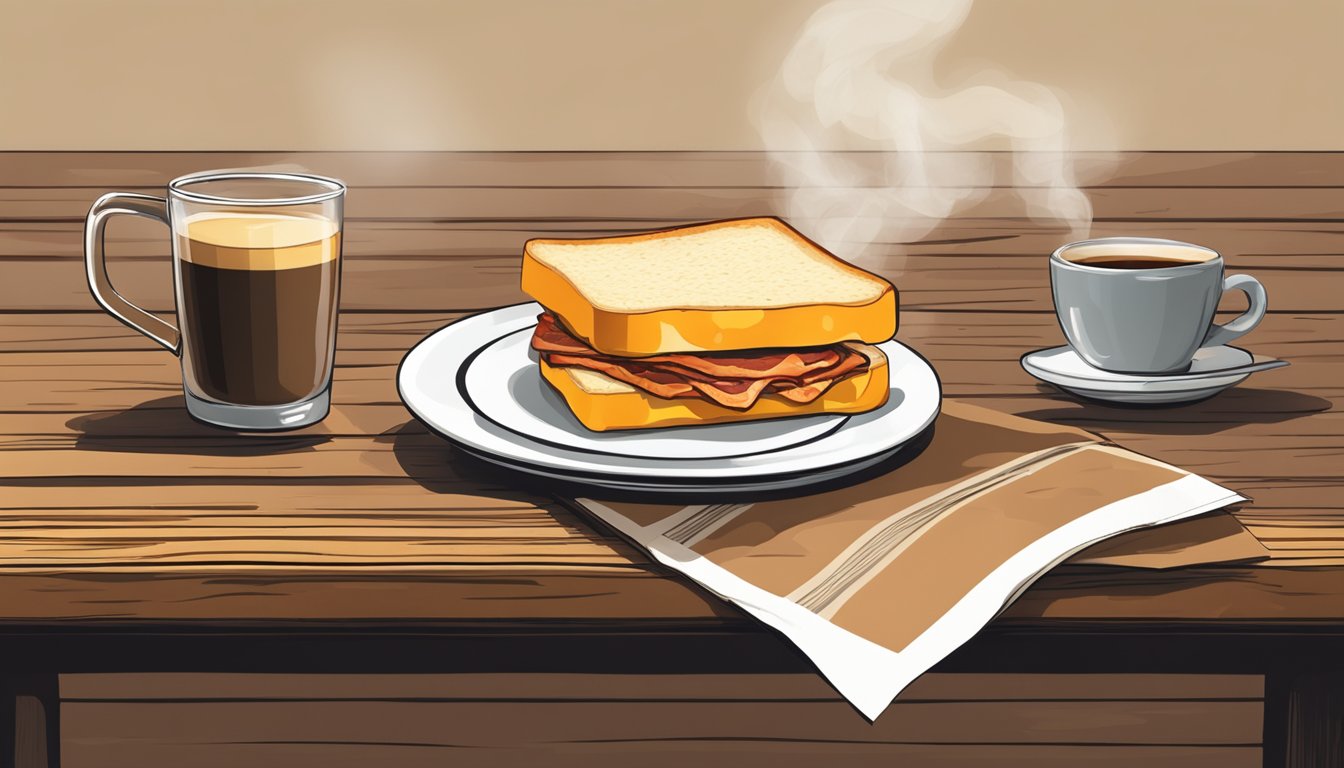 A mouthwatering double-smoked bacon cheddar sandwich on a rustic wooden table, accompanied by a steaming cup of coffee and a morning newspaper