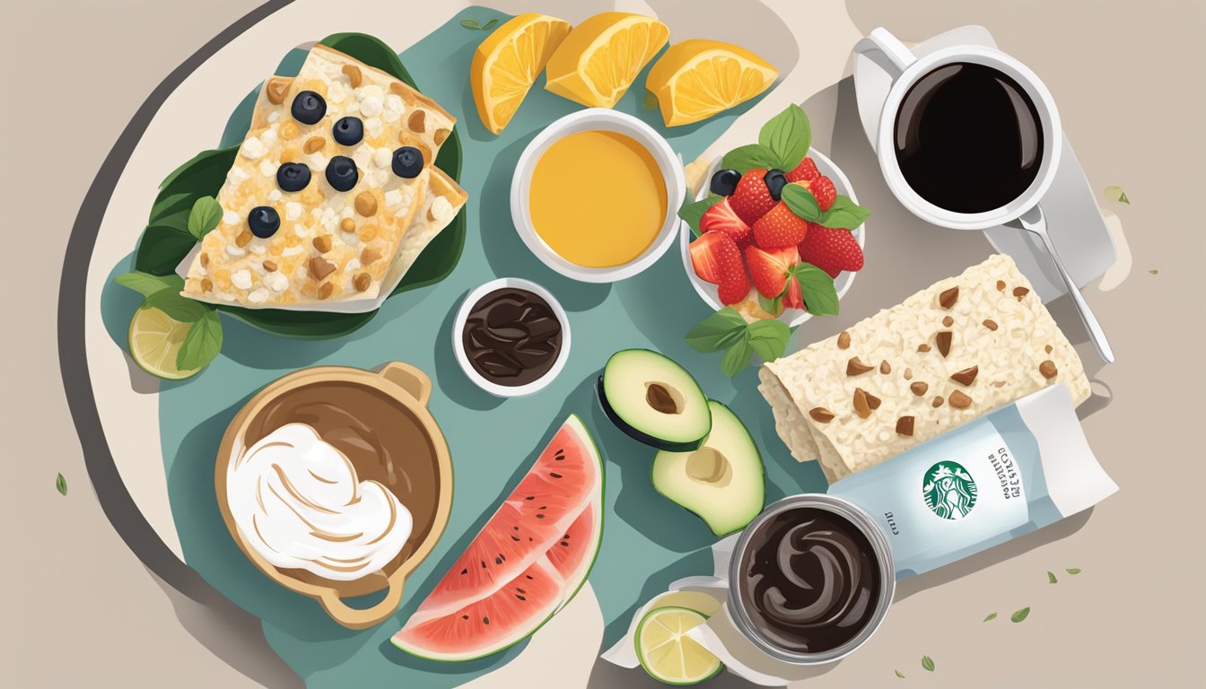 A table with a spread of Starbucks breakfast items, including oatmeal, Greek yogurt, and a spinach and feta wrap, surrounded by fresh fruit and a cup of black coffee